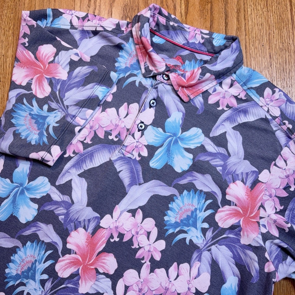 Tommy Bahama Pique Polo Shirt Men's XL Blue Pima Cotton Blend Floral Print